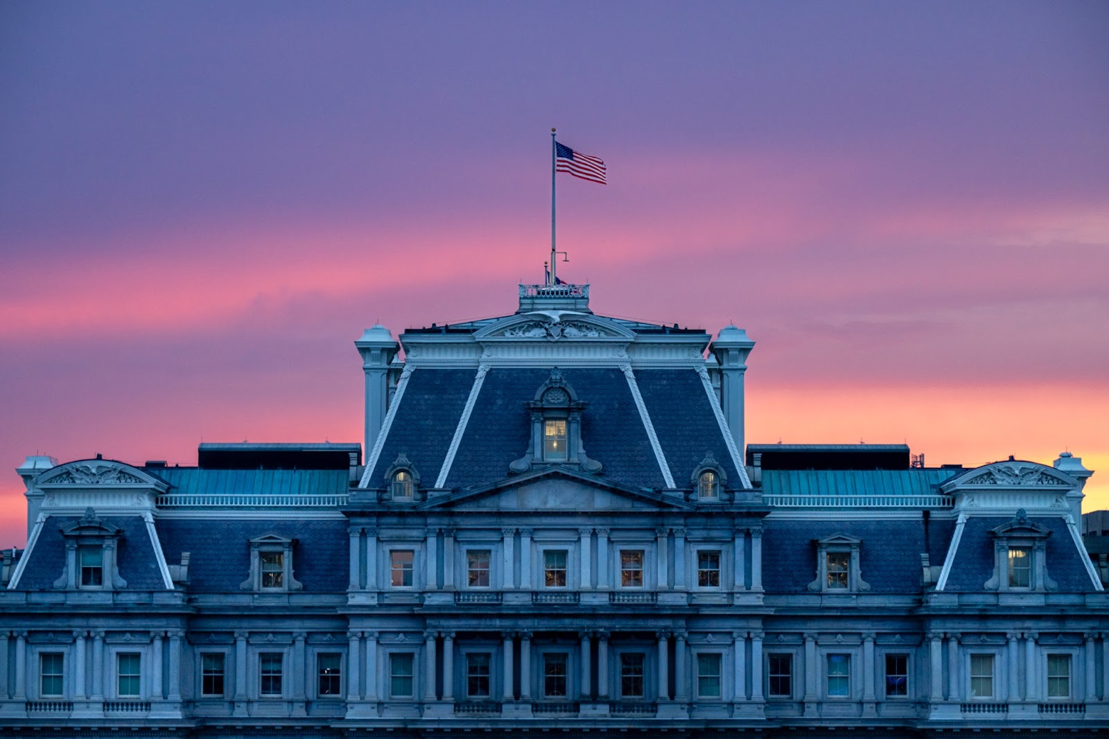 Sunset picture of the Eisenhower Executive Office Building, home to the Office of Science and Technology Policy.